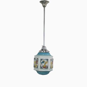 Vintage Art Deco Blue Pendant Lamp with Painted Glass