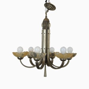 Art Deco Brass Chandelier with Alabaster Cups, Early 1900s