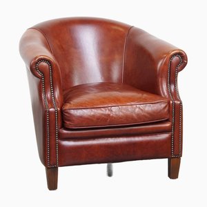 English Style Cognac-Colored Cowhide Leather Club Chair with Decorative Nails