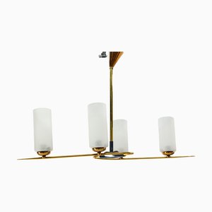 Lámpara de techo francesa de cromo dorado y vidrio escarchado al estilo de Arlus, 1960