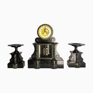 Reloj francés antiguo de bronce y mármol, década de 1890. Juego de 3