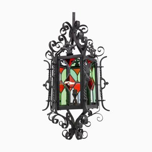 French Lustre Colored Glass and Wrought Iron Pendant