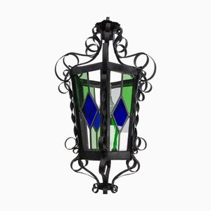 French Lustre Colored Glass and Wrought Iron Pendant