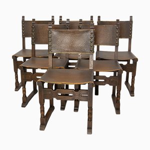 Vintage Spanish Dining Chairs in Leather and Chestnut, 1940s, Set of 6