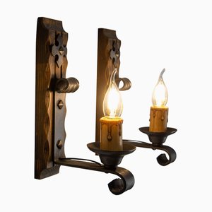 Pine and Wrought Iron Sconces, 1960, Set of 2