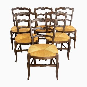 Vintage Dining Chairs in Oak and Straw, 1950, Set of 6