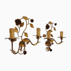 Vintage Wall Lights with Foliage Flowers in Gold Metal, 1960s, Set of 2