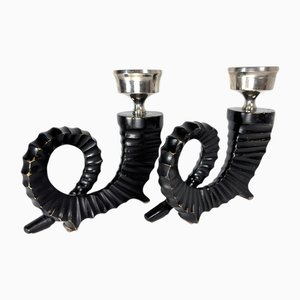 Vintage Horn Kerzenhalter aus Bronze, 2er Set