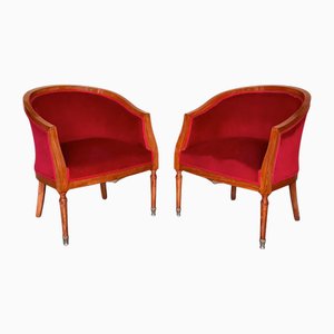Set of French Club Chairs in Red Velvet Upholstery