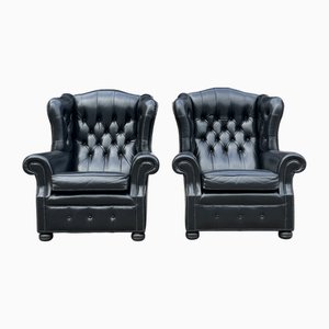 Mid-Century Modern Black Leather Wing Chairs, 1960, Set of 2