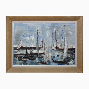 French Post-Impressionist Artist, Petit Port du Havre, 1965, Oil on Canvas, Framed