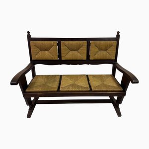 Vintage French Rush Seat Bench, 1950s