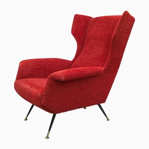 Fauteuil à Oreilles en Laiton et Velours Crimson Foncé, Italie, 1950s