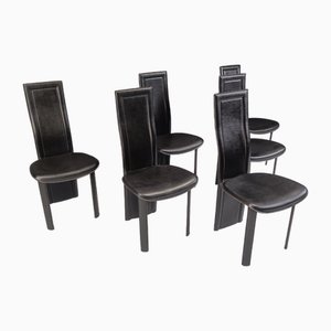 Sillas de comedor de cuero con respaldo alto, años 80. Juego de 6