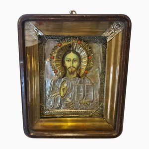 Icona antica in vetro e argento, inizio XIX secolo
