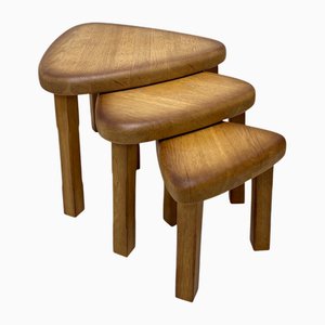 Triangular Oak Nesting Tables in the style of Pierre Chapo, 1970s, Set of 3