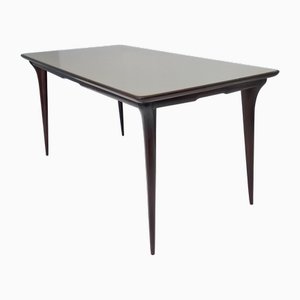Table de Salle à Manger Vintage en Hêtre Noirci avec Plateau en Verre Taupe, Italie, 1950s