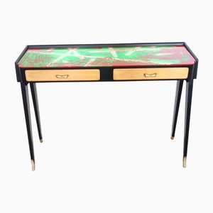 Table Console en Hêtre Noir avec Plateau en Verre Peint au Dos Rouge et Vert, Italie, 1950s