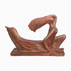 Sculpture Style Art Déco en Terre Cuite d'une Femme Svelte, 1990