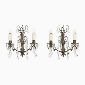 Brass and Crystal Wall Lights, 1920s, Set of 2
