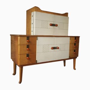 Aparador Art Déco de arce, cuero y vidrio dorado de Laszlo Hoenig, años 40