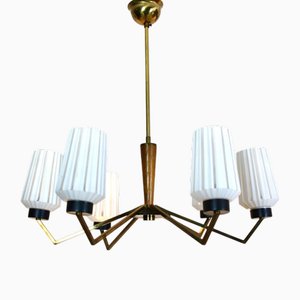 Kronleuchter aus Messing, Holz & Opalglas, 1950er