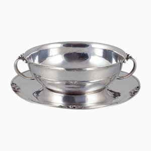 Sterling Silver Bowl with Handles on Saucer by Harald Nielsen for Georg Jensen, 1920s, Set of 2