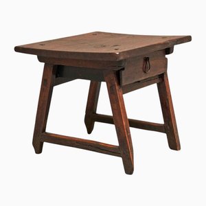 Antique Primitive Side Table with Drawer in Wood and Wrought Iron
