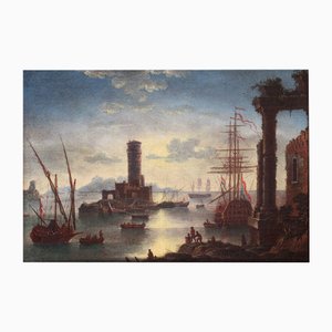 Alessandro Grevenbroeck, paisaje marino holandés al atardecer, 1700, óleo sobre lienzo