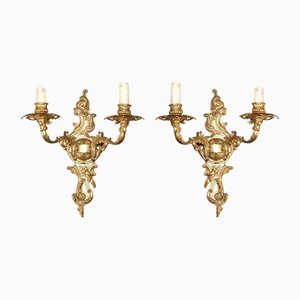 Ornate Antique French 1920s Bronzed Candle Sconce Wall Lights, Set of 2