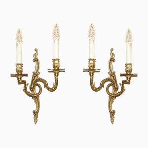 Large Antique French 1920s Bronzed Candle Sconce Wall Lights, Set of 2