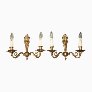 Wide Antique French 1920s Bronzed Candle Sconce Wall Lights, Set of 2