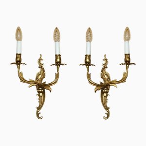 Antique French 1920s Gilt Bronzed Candle Sconce Wall Lights, Set of 2