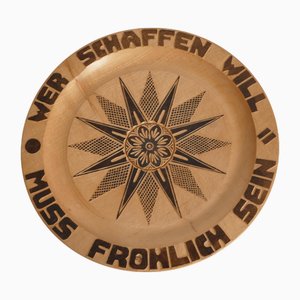 Decorative Hand-Carved Wooden Plate with Pyrography, 1960s