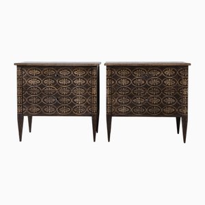 Neoclassical French Country Bedside Tables with Pattern in a Brown and Cream, Set of 2