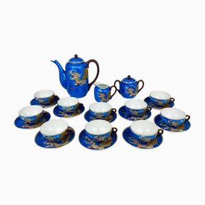 Japanisches Vintage Lithophane Geisha Porzellan Kaffeeservice mit blauem Drachen Dekor, 1950er, 23