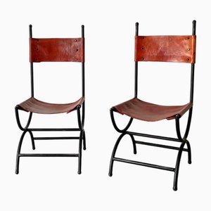 Mid-Century Colonial Chairs in Iron and Leather in the style of Curule, Spain, 1970s, Set of 2