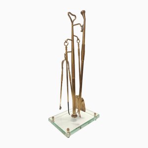 Outils de Cheminée en Laiton, Fer et Verre attribués à Fontana Arte, Italie, 1940s, Set de 4