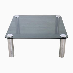 Mesa de centro cuadrada de metal cromado y vidrio ahumado, años 70