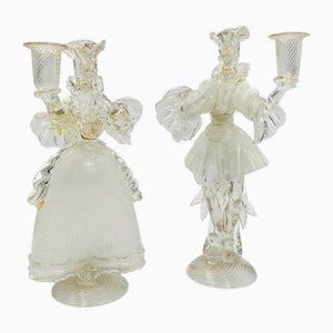 Portacandele in vetro di Murano con statuette Goldoniane, Italia, anni '80, set di 2