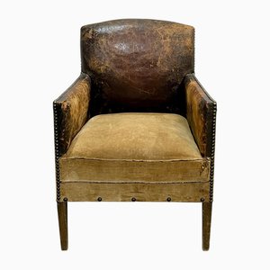 Art Deco Club Armchair in Leather and Fabric, 1930s