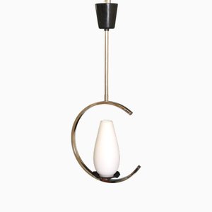 Chrome and Opal Glass Pendant Lamp attributed to Arlus, 1950s
