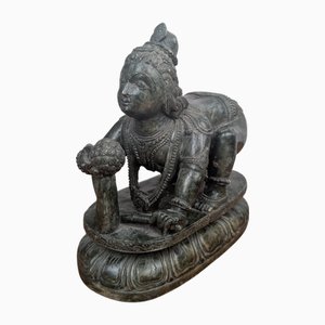 Nephrit-Jade-Skulptur von Baby Krishna, die mit einem Butterball spielt, aus Stein, 1920er