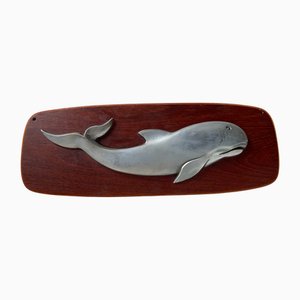 Vintage Whale Wall Plaque in Teak and Aluminum, 1950s