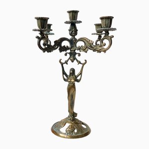 Antique Art Nouveau Five-Arm Sculptural Candelabra in Brass, 1890s