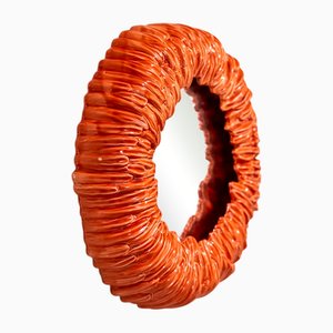 Round Mirror with Orange-Red Ceramic Frame, 1970s