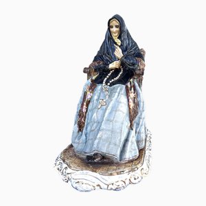 Large Antique Spanish Porcelain Medalla de Oro Statue of Old Woman with Rosary from A Peyro