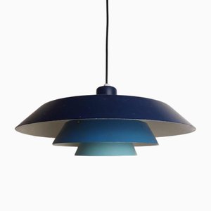 Lampada a sospensione Troika in metallo blu di Bent Karlby per Lyfa, Danimarca, anni '60