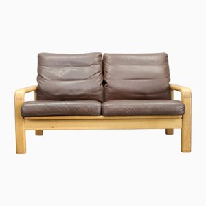 Danish Two-Seater Sofa in Oak and Leather from L. Olsen & Søn, 1970s