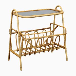 Rattan Newspaper and Magazine Stand with Glass Top, 1970s